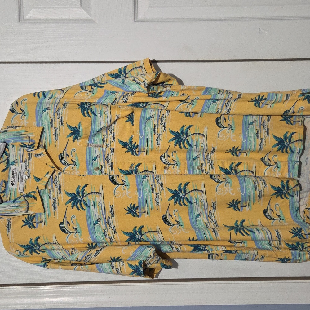 Columbia Men's Yellow Tropical Print Shirt Linen Blend